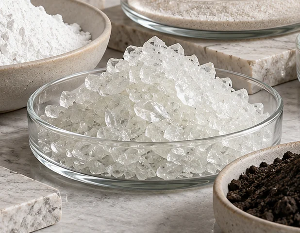 Transparent mineral specimens in a sample dish