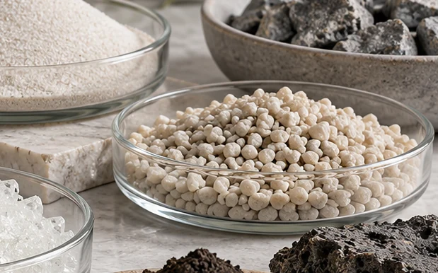 Pale mineral granules prepared for examination
