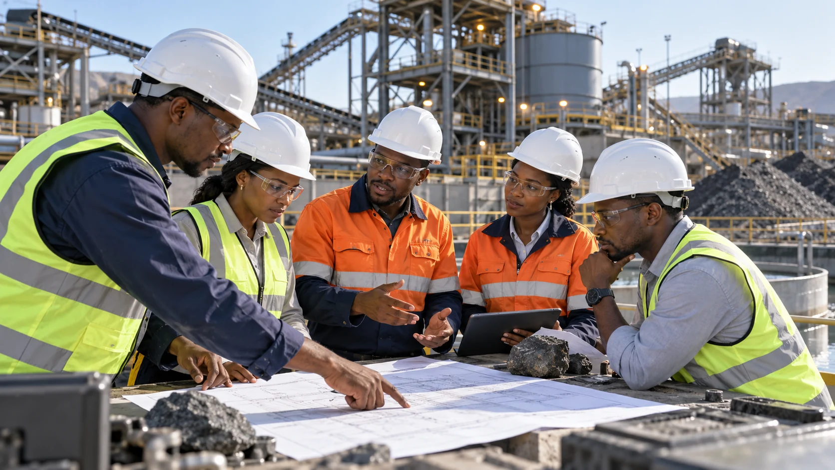 Technical specialists discussing process plans and mineral samples